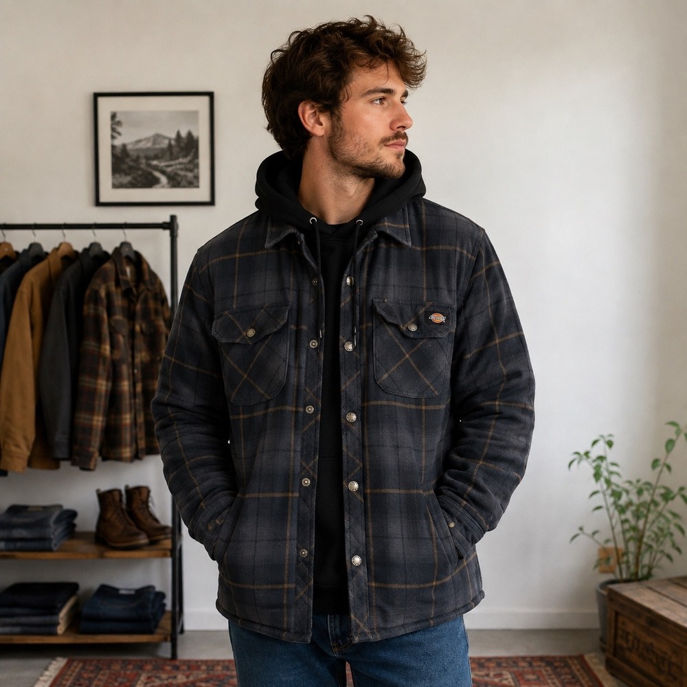 Dickies Jacket Mens Medium Black Plaid Quilted Hooded Flannel Shirt Workwear Y2K